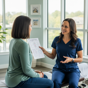 Chiropractor consulting with a patient about treatment
