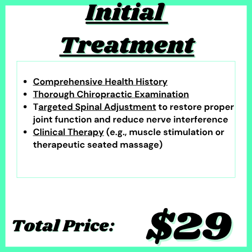 Initial treatment: comprehensive health history, thorough chiropractic exam, targeted spinal adjustment, and clinical therapy — total price $29